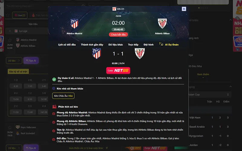 Dự đoán kết quả AI Atl Madrid vs Ath Bilbao 02h00 ngày 26/4/2026