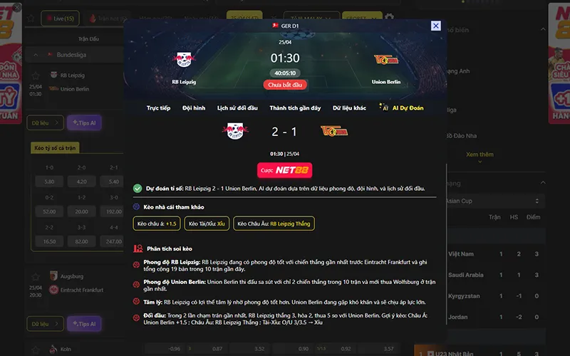 Dự đoán kết quả AI Leipzig vs Union Berlin 01h30 ngày 25/4/2026